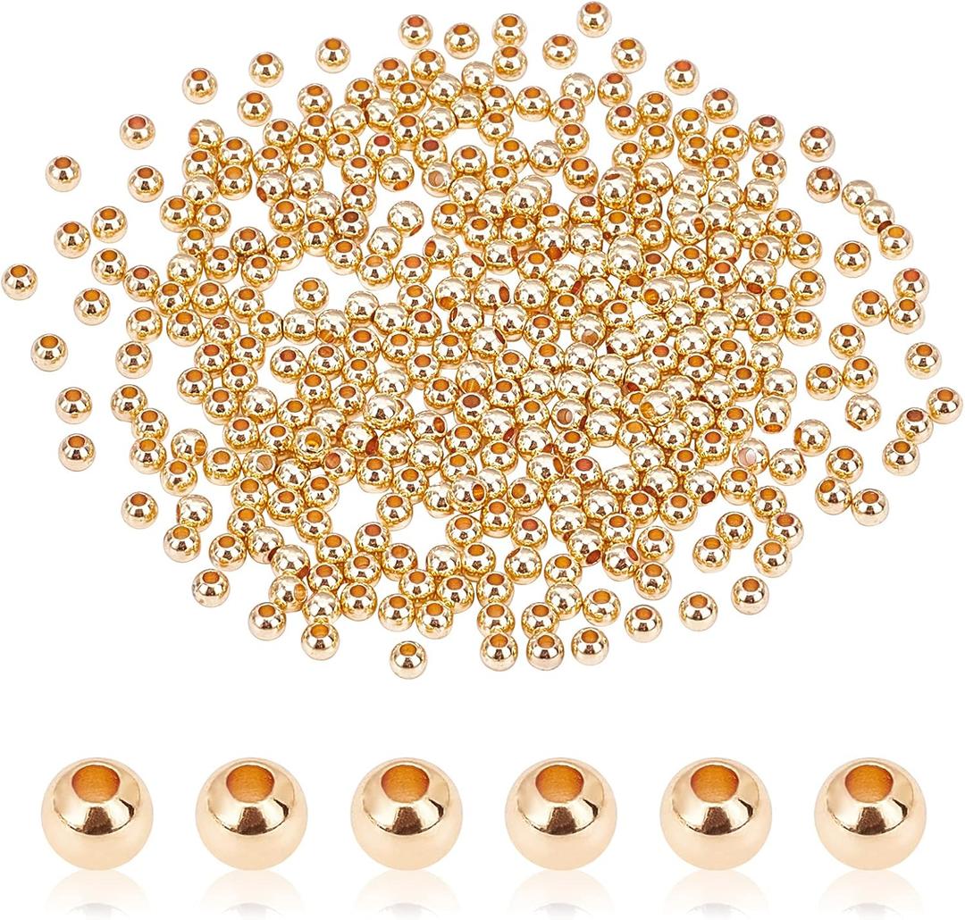 PH PandaHall 3mm 14K Gold Plated Spacer Beads, 300pcs Mini Smooth Round Beads Seamless Ball Bead Small Metal Brass Loose Bead for Summer Hawaii Layered Necklace Bracelet Jewelry Making