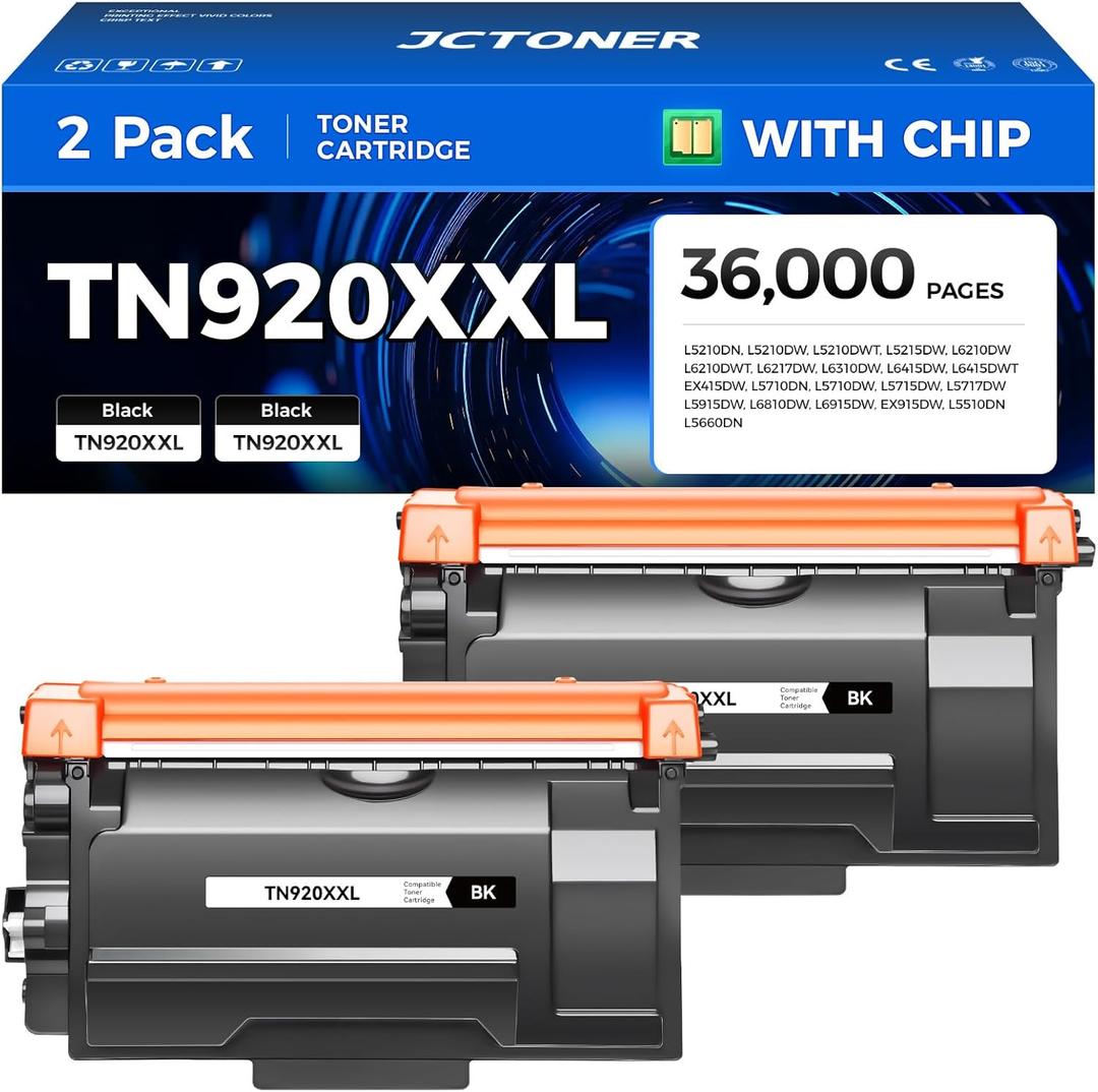 TN920XXL Toner Cartridge Super High Yield Black 2-Pack (with chip) Comatible Replacement for Brother TN920 TN920XL 920XXL Work for HL-L6210DW HL-L6210DWT HL-L5210DW HL-L5210DWT MFC-L6810DW Printer Ink