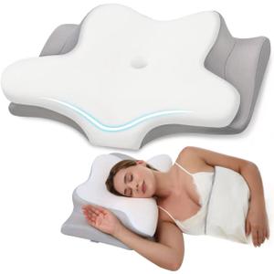 Cervical Neck Pillow, Memory Foam Pillows for Neck and Shoulder Pain Relief, 2 Heights Ergonomic Pillow with Breathable Ice Silk Cover, Neck Support Pillow for Side Sleepers White