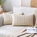 MIULEE Pack of 2 Corduroy Decorative Lumbar Throw Pillow Covers 20x12 Inch Soft Boho Striped Pillow Covers Modern Farmhouse Home Decor for Sofa Living Room Couch Bed Cream White