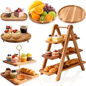 6 Pcs Wooden Dessert Table Display Set, 2 Tier Cupcake Stand 3 Tier Cake Tower, Rustic Wooden Serving Platter for Tea Party, Wedding, Farmhouse Decor, Birthday Dessert Table Display