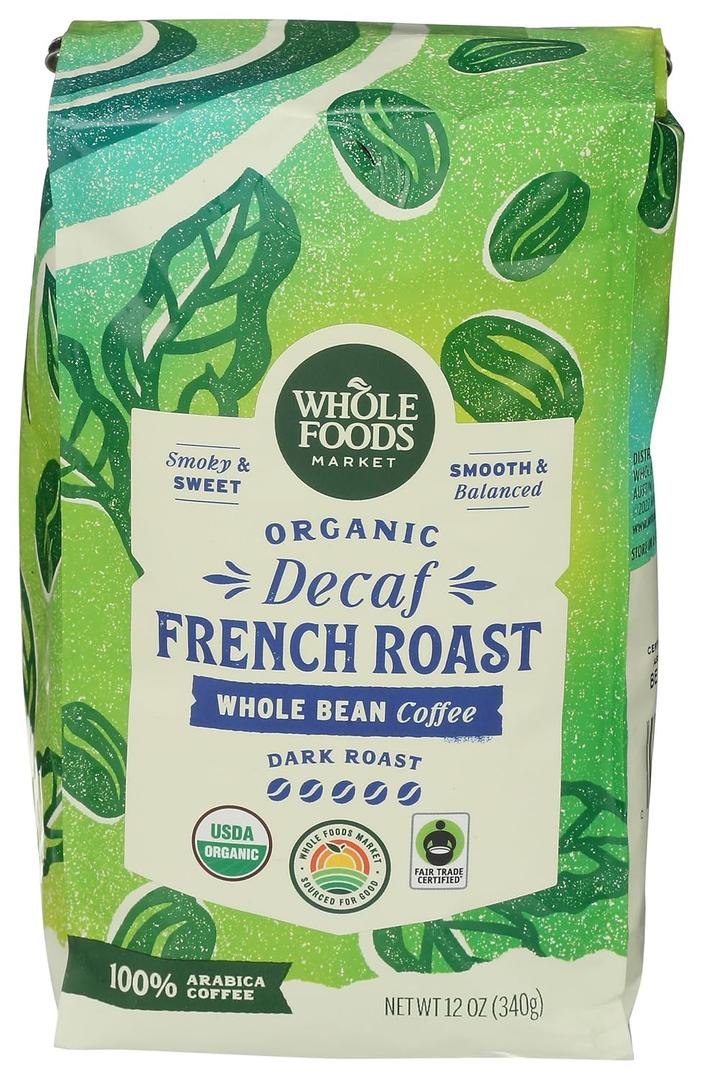 Whole Foods Market, Organic Decaf Whole Bean Coffee, Dark French Roast, Smoky & Sweet, Smooth & Balanced, 12 Ounce (EXP 07/21/26)