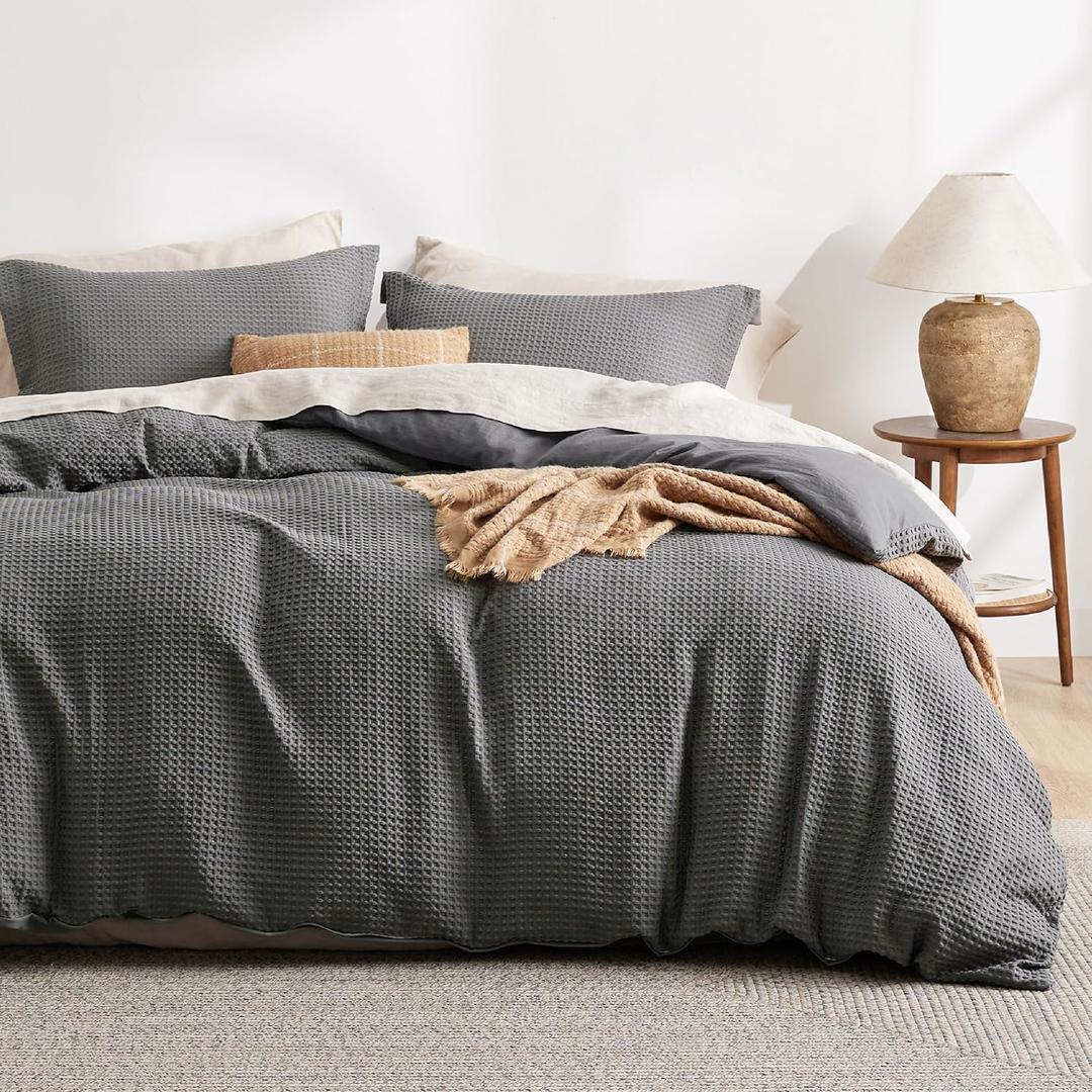 Bedsure Luxury Waffle Duvet Cover King Size - Textured Duvet Cover Set, Soft, Breathable Bedding Set (104"x90") with 2 Pillow Shams for All Season, Dark Grey, Comforter Not Included (King (104" x 90"), Dark Grey (No Comforter))