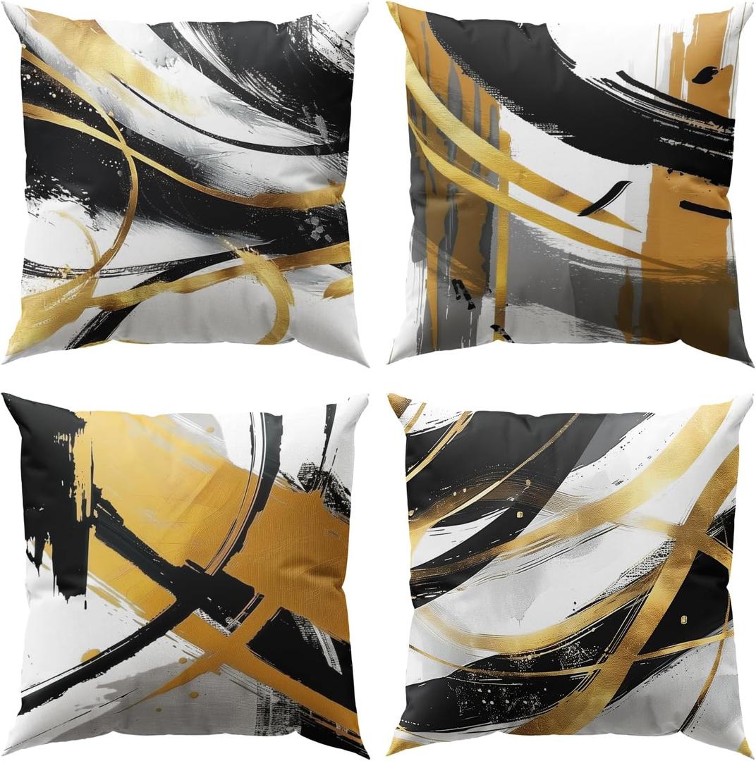 Black and Gold Pillows for Couch Abstract Throw Pillow Covers 20x20 Modern Striped Cushion Covers Black White and Gold Living Room Decor Sofa Bed Decorative Pillows Cases, Set of 4