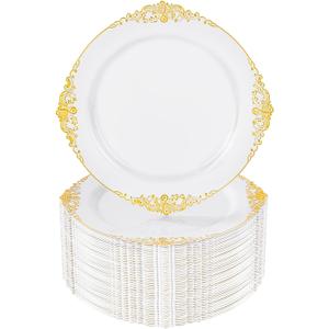 Nervure 100Pcs White and Gold Plastic Plates - 7.5inch Gold Disposable Plates - Heavyweight Plastic Dessert Plate for Wedding & Party