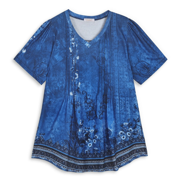 Fantaslook Blouses for Women Dressy Casual V Neck Pleated Tunic Tops Summer Short Sleeve Boho Shirts (XL, Blue Floral)