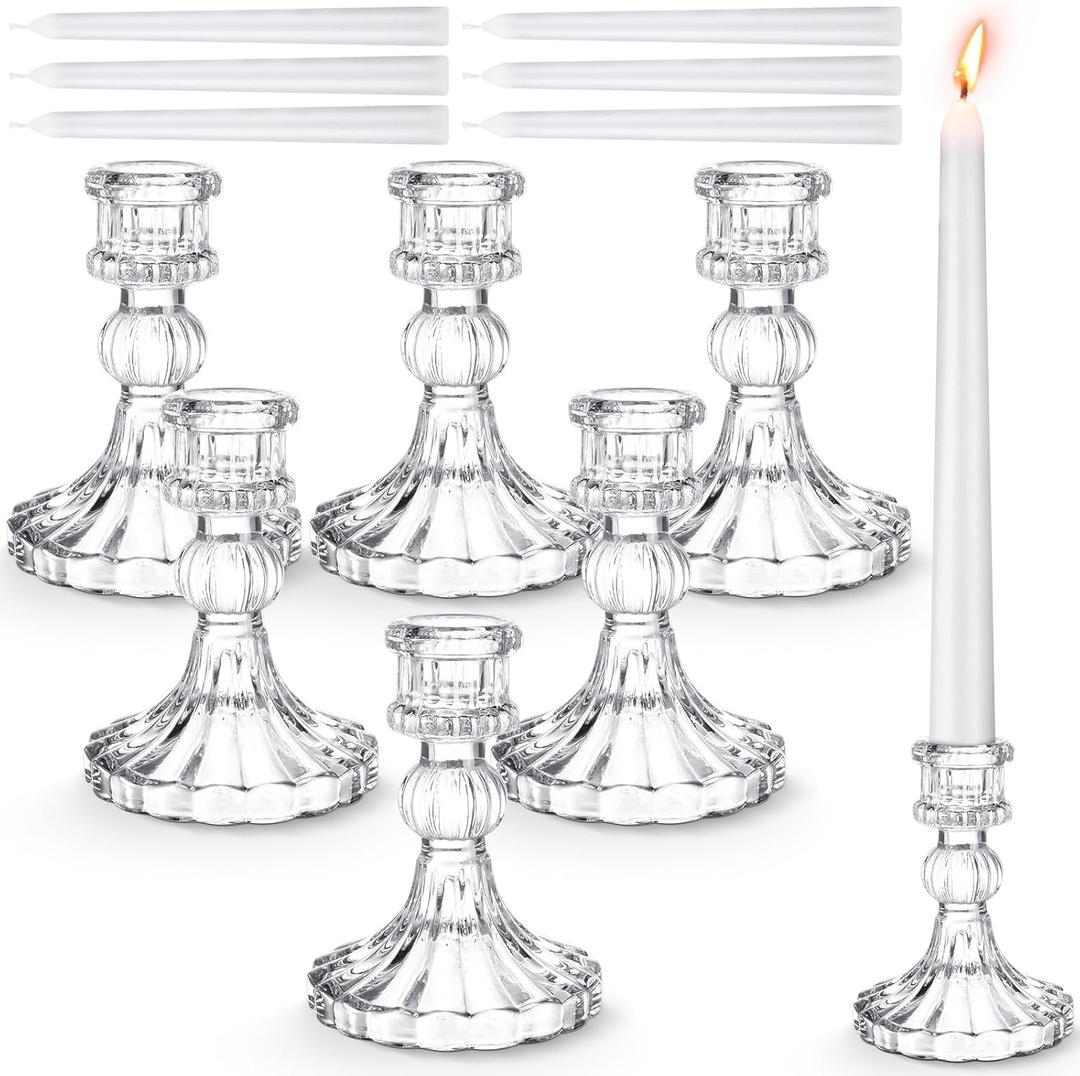 Suclain 12 Pcs Wedding Candlestick Holders Taper Candles Set Clear Glass Candle Holder and White Tapered Candles Dripless Tall Candle Sticks for Wedding Party Table Favor(Transparent)