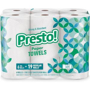 Presto! Flex-a-Size Paper Towels, 158 Sheet Huge roll, 6 Rolls, Equivalent to 19 Regular Rolls, White
