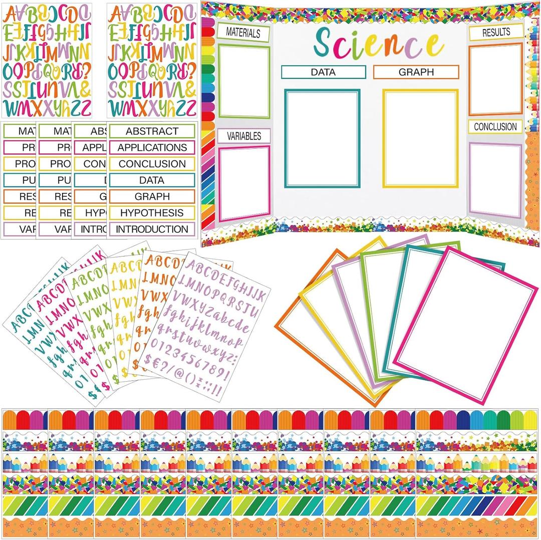 96 Pcs Science Fair Board Supplies Includes Self Adhesive Science Fair Project Titles Subtitles Presentation Bulletin Border Letter Stickers First Day of School Back Classroom(Lively Crumbs)