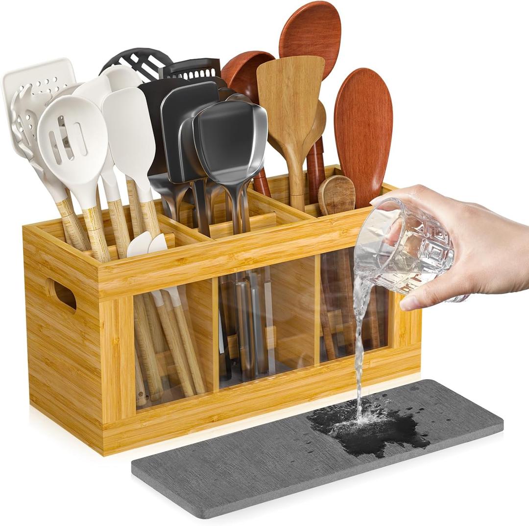 Yofidra Bamboo Utensil Holder & Silverware Organizer: Extra Large Cooking Holder with Absorbing Drying Stone and 6 Compartments Kitchen Countertop Storage Farmhouse Decor Accessories 11.8"X4.7"X5.9"