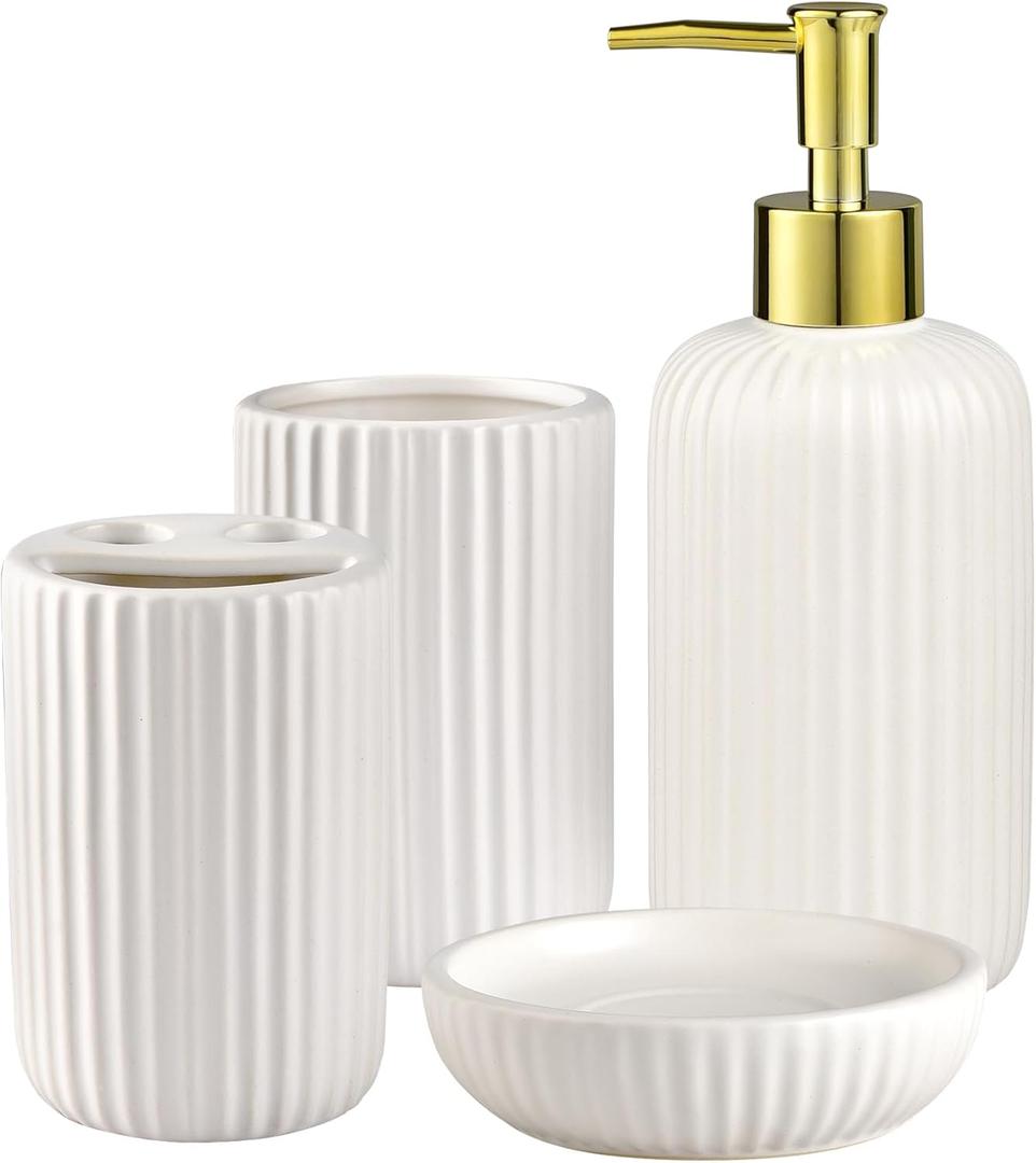 Bathroom Accessories Set, 4PC Ceramic Bathroom Sets Complete-Toothbrush Holders, Soap Dispenser, Soap Dish, Toothbrush Cup, Elegant White Gold Bathroom Decor, Bathroom Organizer for Countertop
