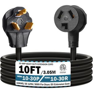 10FT 3 Prong Dryer 30A 10-30P to 10-30R / EV Extension Cord Level 2 EV Charging 125V/250V STW 10 Gauge Heavy Duty Extension Cord Black