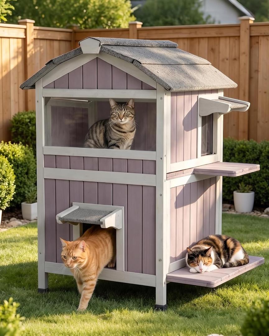 Cat House Outdoor Feral Cat Enclosure, Weatherproof Warm Kitty Shelter with Large Balcony, Escape Doors, Two-story-V, 17.7"D x 25.4"W x 31.4"H