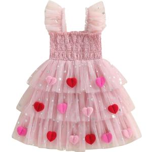 Toddler Valentines Outfit Girl Baby Heart Fly Sleeve Mesh Layered Princess Dress Little Girls Summer Tulle Dresses (5-6 Years, Pink)