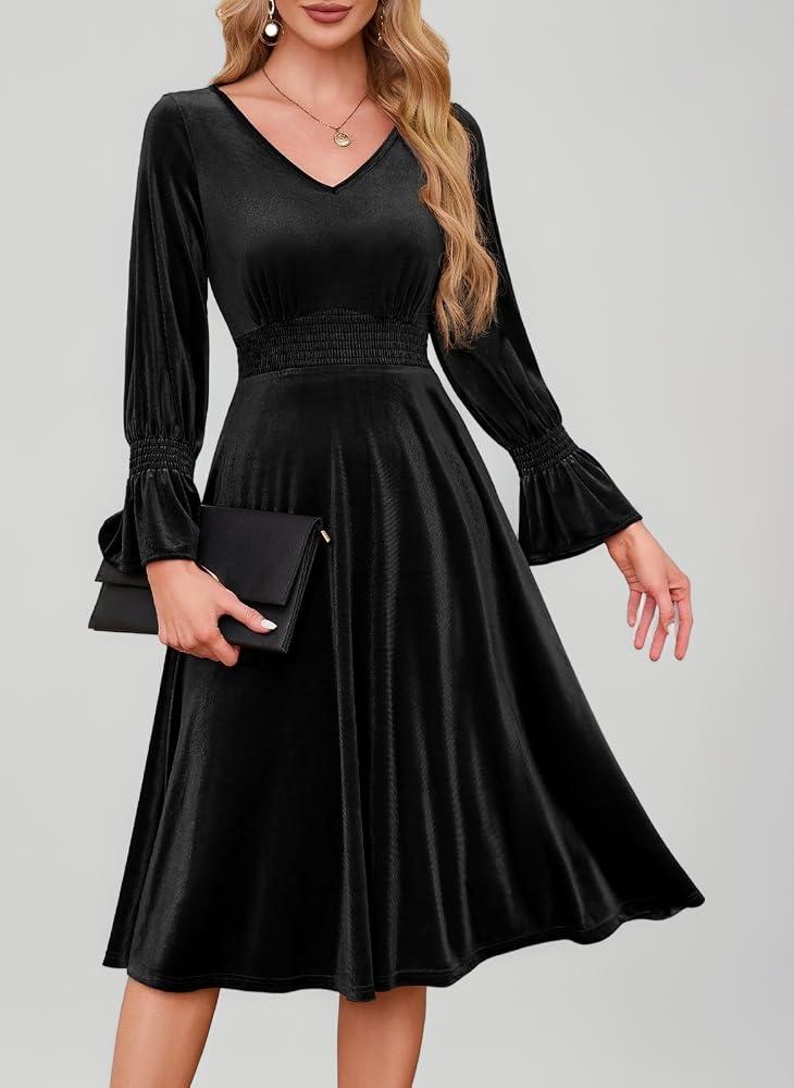 Meetjen Women's Velvet Midi Dress V Neck Long Sleeve Elastic Waist Smocked Elegant Cocktail Party Dresses 2025, Size: M