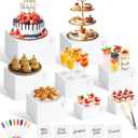 8 Pcs White Buffet Risers with Mini Table Sign, Serving Tongs, Acrylic Food Risers for Buffet Table Display Stand Shelf for Party Catering Dessert Jewelry Collectibles (Size 9" 8" 7" 6" 5" 5" 4" 4")
