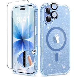 BERFY for iPhone 17 Case for Women, Compatible with MagSafe, Clear Glitter Shockproof Protective Case, Anti-Yellowing, with Screen Protector & Camera Lens Protector 6.3", Sparkle Blue