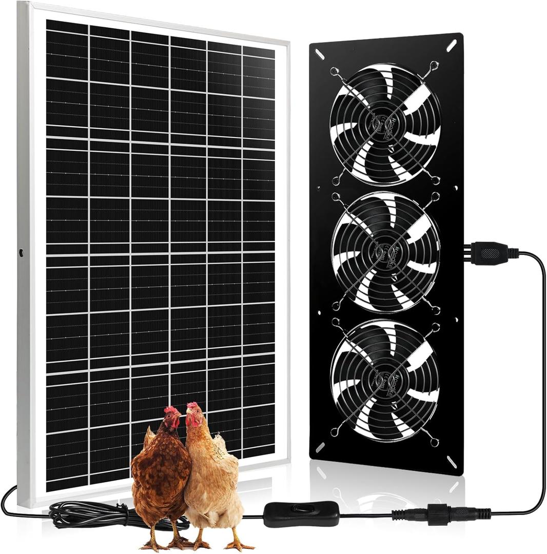 Solar Powered 3 Fan Kit, 25W Solar Exhaust Fans for Outdoor Greenhouse Chicken Coop Shed Pet House, IP67 Waterproof, High Velocity 3500RPM