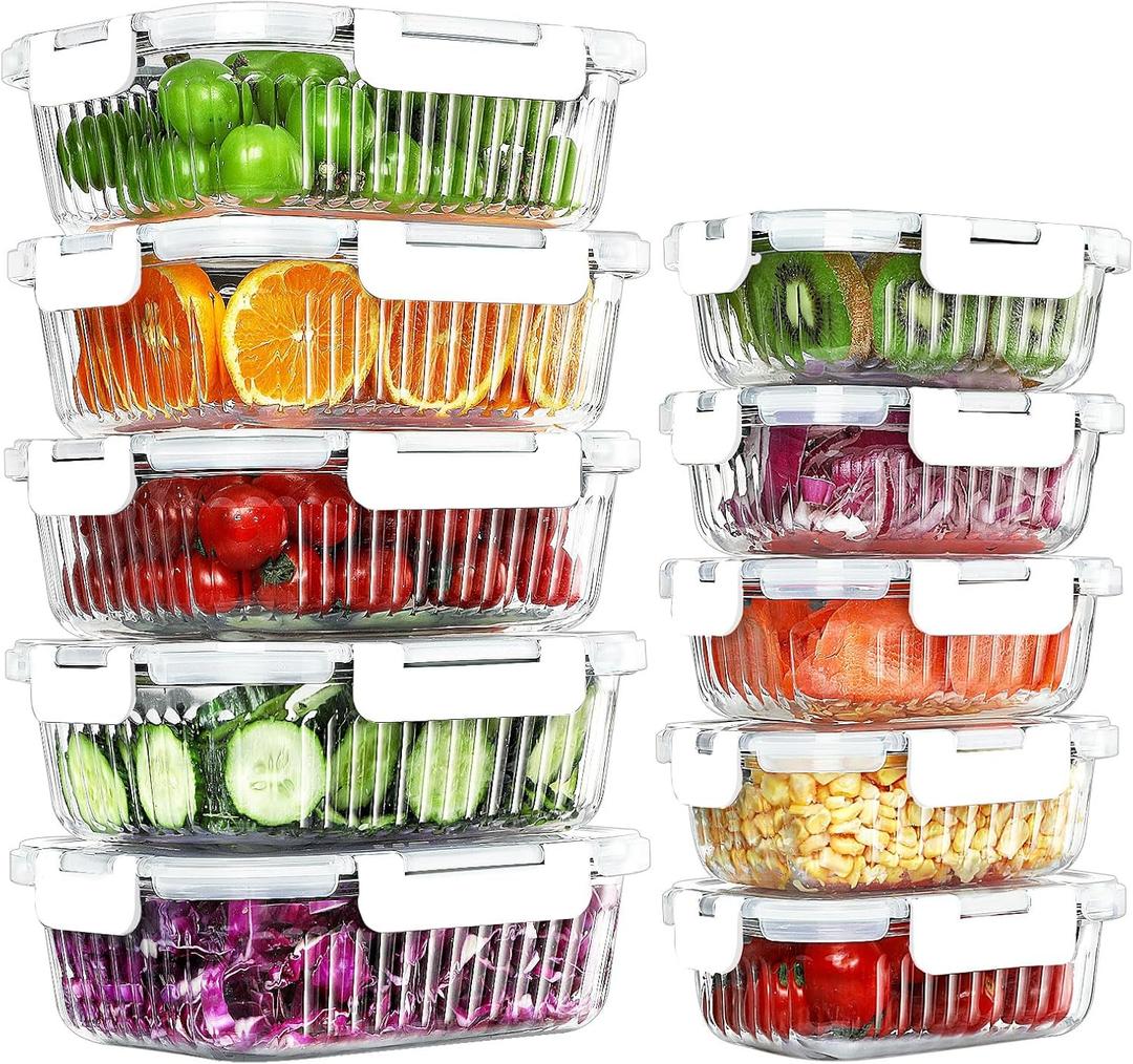 10 Packs Glass Food Storage Containers Set, Glass Meal Prep Containers with Lids, Airtight Lunch Containers, Microwave, Oven, Freezer and Dishwasher Safe, White