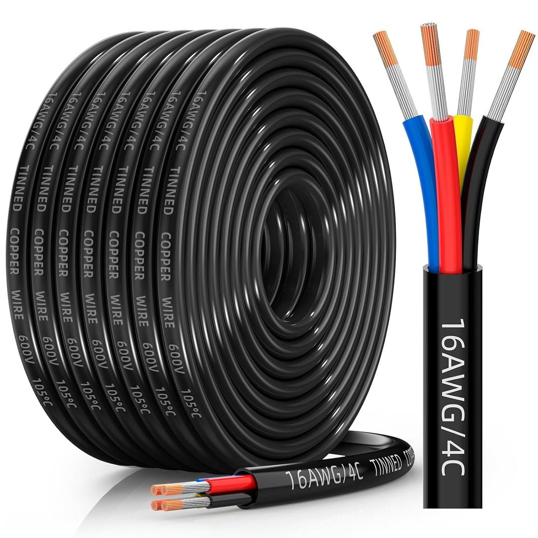 16 Gauge Wire 4 Conductor Electrical Wire, 16 AWG Tinned Copper Stranded PVC Cable, IP68 Waterproof/Flexible/Low Voltage Cord for Automotive, RV, Marine, Solar, LED Lighting(30FT)