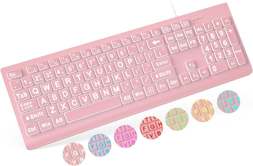 SABLUTE Large Print Backlit Keyboard, Wired USB Lighted Computer Keyboards with 7-Color & 4 Modes Backlit, Oversize Letters Keys Easy to See and Type, Quiet Keyboard Compatible for PC, Laptop -Pink