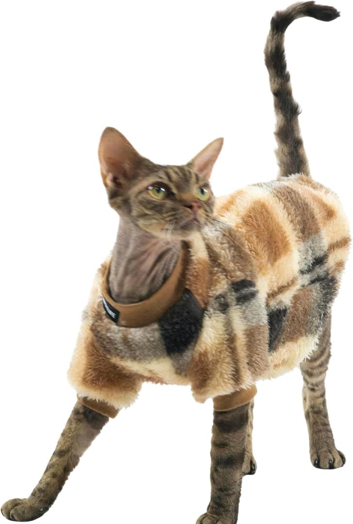 Cat Double-Sided Fleece Clothes, Soft Warm Winter Jumpsuit Sweater Shirt Clothing for Hairless Sphynx, Devon & All Indoor Kittens (Khaki,M)