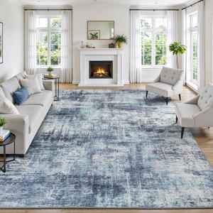 Lofus 9x12 Area Rug for Living Room, Blue Abstract Large Rugs with Non-Slip Backing, Neutral Modern Washable Carpet for Bedroom Dining Room Home Office Nursery Indoor