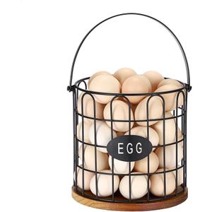 7'' Farmhouse Egg Basket for Gathering Fresh Eggs, Metal Egg Holder Countertop for Chicken Eggs, Round Metal Wire Basket with Handle & Wooden Base, Vintage Kitchen Decor(Style 1-Straight)