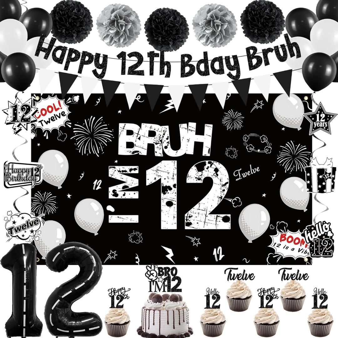 Holkcog 12th Birthday Party Decorations, Happy 12th Bday Bruh Banner Bankground, Black Number 12 Foil Ballons & Cupcake Topper, Hanging Swirls, Black Happy 12 Years Old Party Supplies
