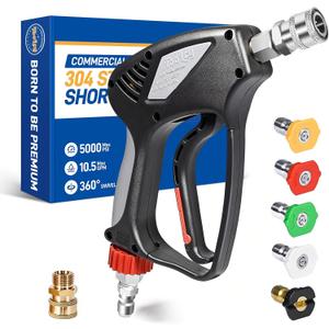 TOOLCY Pro Short Pressure Washer Gun 5000 PSI with Swivel, 304 Stainless Steel 3/8" Quick Connect Inlet, High Pressure Washer Gun with 1/4" Quick Connect, Includes 3/8" QC to M22-14mm Adapter