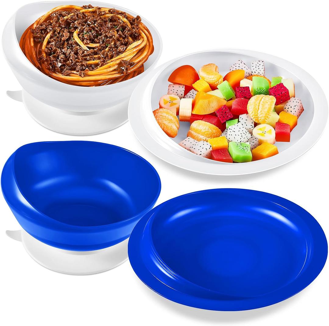 Hushee 2 Sets Adaptive Spill Proof Scoop Bowl and Plate Set with Suction Base Non Skid Self Feed Suction Dinnerware for Elderly Disabled Handicapped from Parkinsons Tremor (White and Blue)