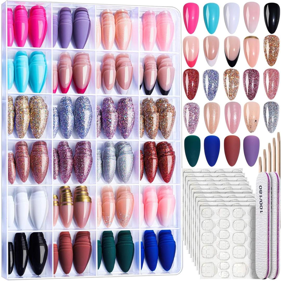 FANDAMEI Press on Nails, 24 Colors 576PCS Press on Nails Almond, Matte Glossy Fake Nails Short Almond, Glitter Fake Nails, Press on Nails French Tip Natural for Nail Art