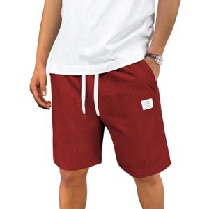 Men's Corduroy Shorts Casual Elastic Drawstring Lightweight Summer Beach Shorts with Pockets (Red, M)