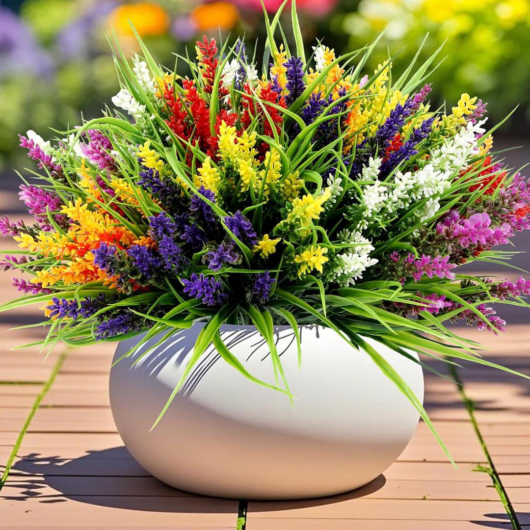 Geegoods Artificial Plants Flowers Outdoor 24 Bundles UV Resistant Faux Lavender Flowers with Monkey Grass for Garden Porch Window Patio Hanging Planter Decor