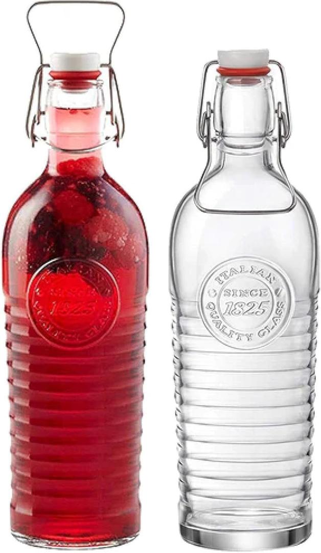 Bormioli Rocco Officina 1825 Swing Top Bottle with Handles (Set of 2) - 37.25 oz with Flip Top, Airtight Beverage Storage Bottles for Juice, Wine, Kombucha, Salad Dressing - Made in Italy