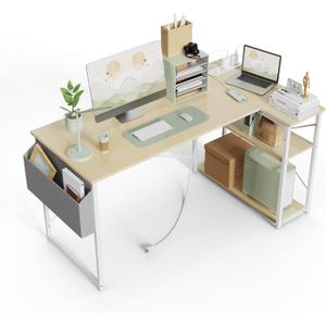 TIQLAB L Shaped Computer Desk with Power Outlets, 55 Inch Small Corner Desk with Reversible Shelves, Gaming Desk Computer Table Study Writing Desk for Home Office Small Space, Beige