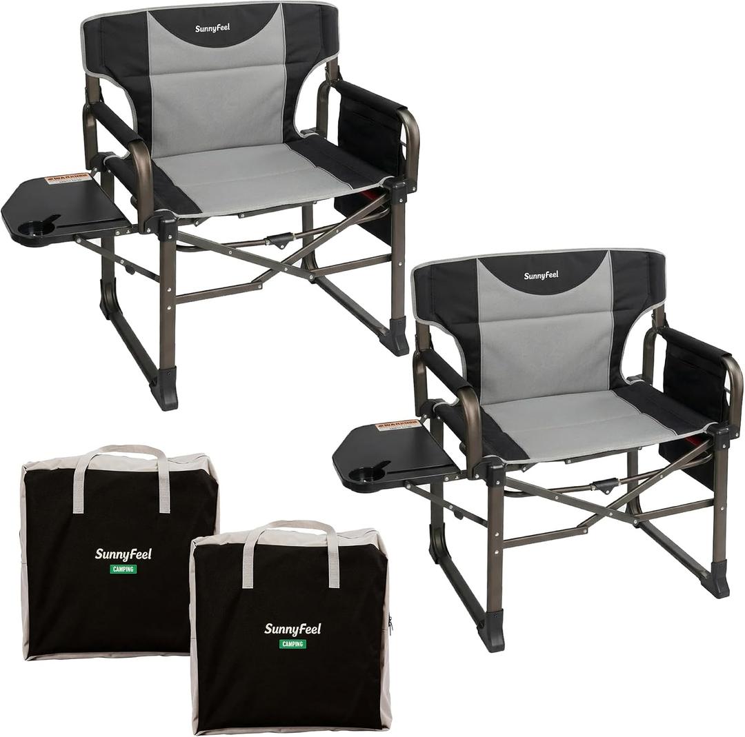 SUNNYFEEL Oversized Camping Directors Chair for Adults with Side Table | Heavy Duty Folding Chairs Padded Oxford Fabric Support 600lbs with Side Pocket & Carry Bag for Camping, Fishing, Lawn, Black, 20.5"x31.5"x38.19"