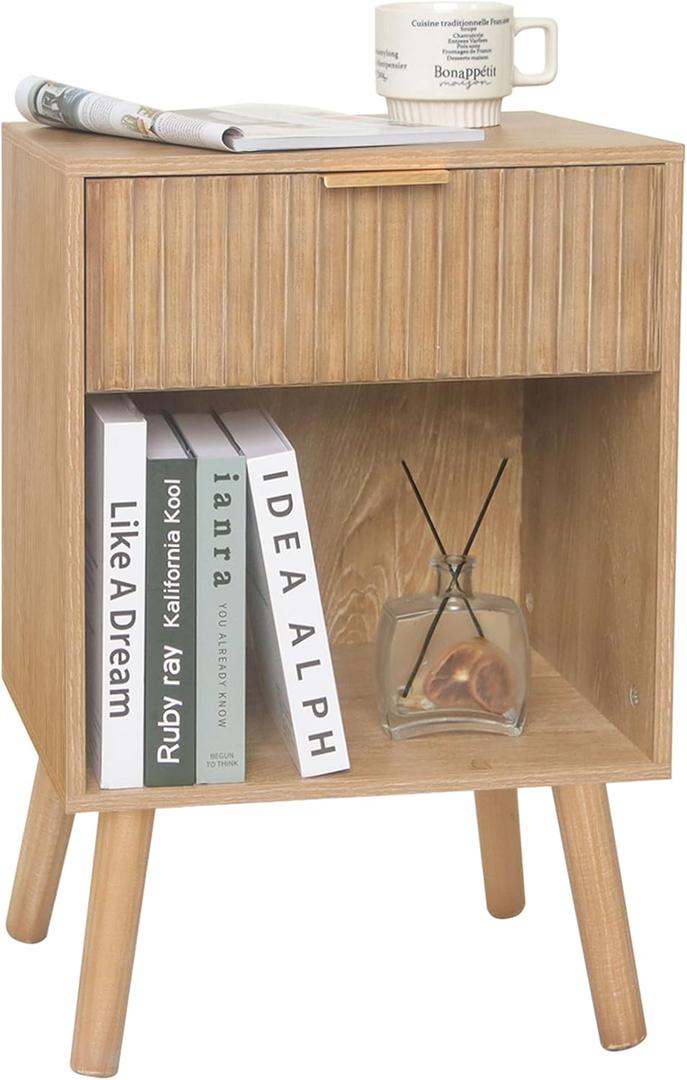 Night Stand with Drawer, Mid Century Nightstand with Storage, Modern Fluted Bedside Table Bedroom Living Room for Small Space, Office (Rustic Walnut)