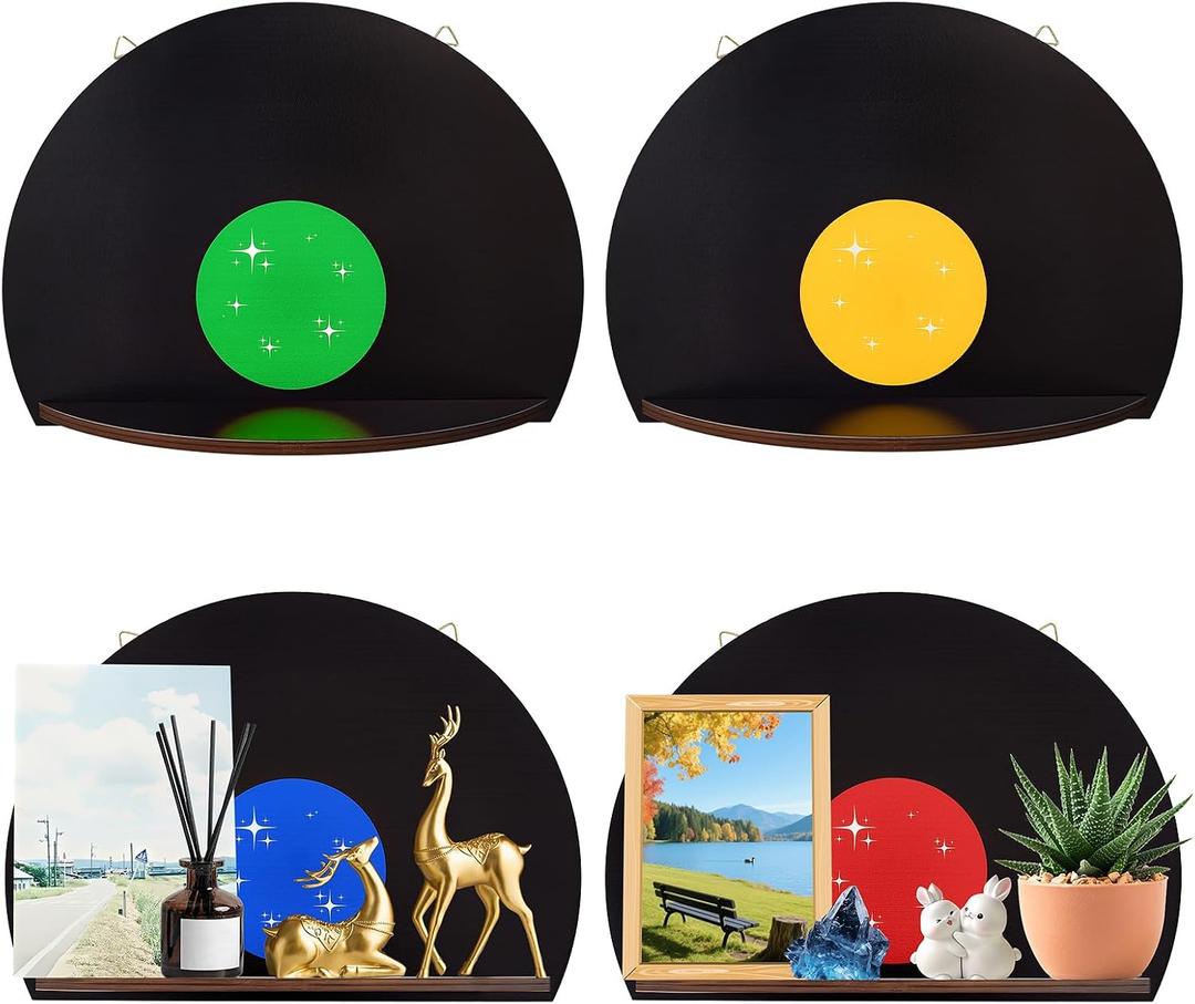 4 Pcs Vinyl Records Wall Decor, Music Art Wall Storage Shelf, Record Shelf Walls Mount, Record Shaped Hanging Sign, Aesthetic Music Decoration for Room Bedroom Party Decor