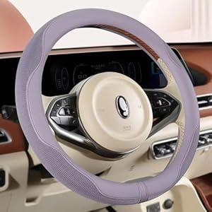 Car Steering Wheel Cover with Ice Silk, Universal 14.5 Inch Automotive Microfiber Breathable Leather, Anti-Slip, Warm in Winter and Cool in Summer (Purple)