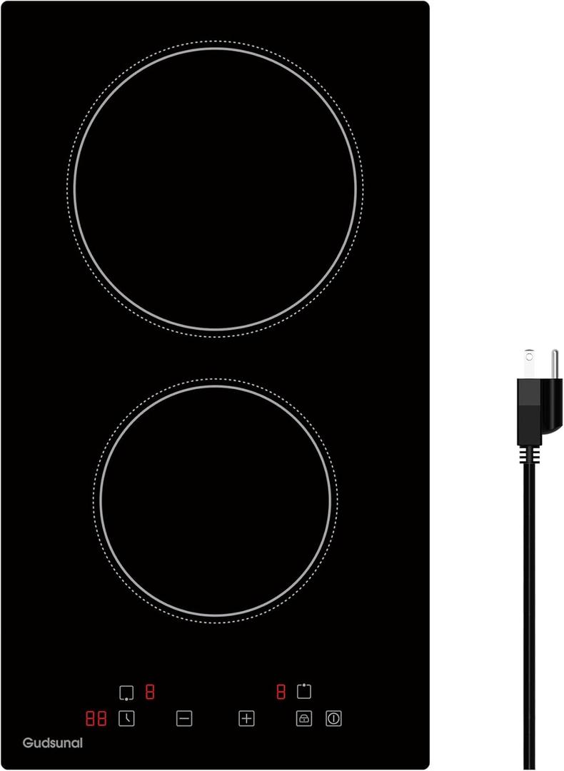 2 Burner Electric Cooktop, 2000 Watt, 110V with Plug,12 Inch Touch Control Electric Stove Top for Countertop & Built-in Use, Timer, Child Lock, Hot Surface Indicator Included,Matte Black
