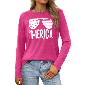 American Flag Shirts for Women 4th of July T Shirt USA Stars Stripes Patriotic Tops Casual Long Sleeve Tees(Pink,2X-Large) (Pink, XXL)