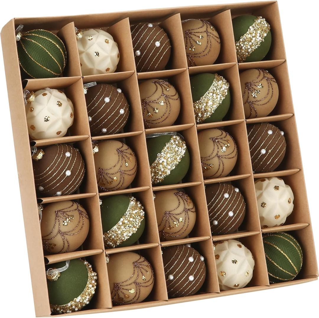 Sea Team 25-Pack Flocked Velvet Christmas Tree Ball Ornaments Set, Hanging Velour Baubles with Glitter, Shatterproof Plastic Decorations for Xmas Tree, Wreath, Garland, 60mm/2.36 Inches, Prairie Fall