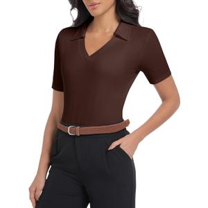 Womens Short Sleeve Business Casual Bodysuit 2025 Tops Summer V Neck Polo Work Shirts Fitted Basic Collared Bodysuit Shirt (S, Coffee)