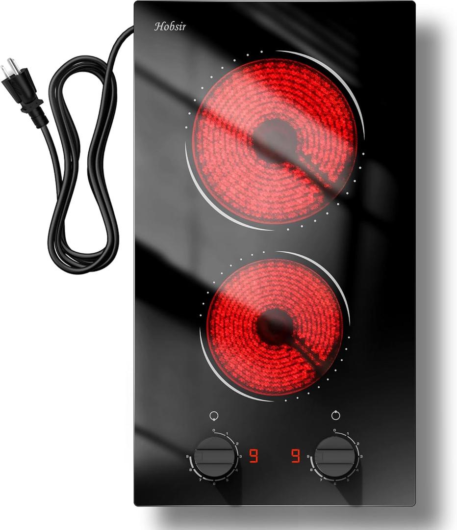 Hobsir 2 Burner Electric Cooktop 110v, Plug in Electric Stove Top, 2000W Electrical Stove Top Burner, 12 Inch Countertop & Built-in Ceramic Cooktop, Knob Control, 9 Power Level