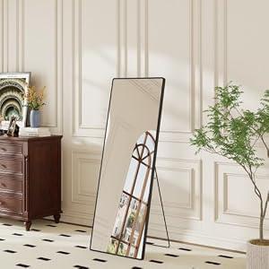 57"x21" Rectangle Full Length Mirror, Black Aluminum Frame Floor Mirror with Stand, HD Shatterproof Glass & Rust-Proof Body Mirror for Bedroom, Living Room, Bathroom, Entryway