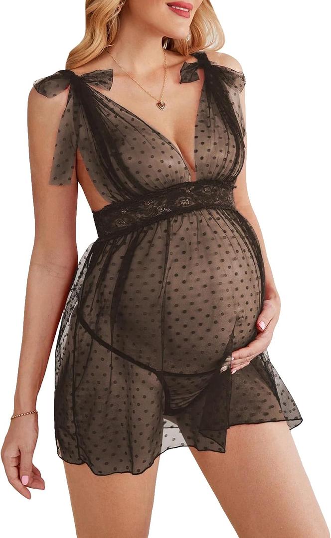 SOLY HUX Women's Maternity Polka Dots Deep V Neck Mesh Babydoll Nightgown with Thong 2 Piece Lingerie Set, Small