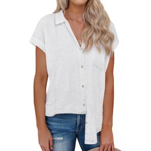 siliteelon Linen Shirts for Women Button Down Shirts Short Sleeve Cotton Collared V Neck Solid Casual Blouses with Pocket XL