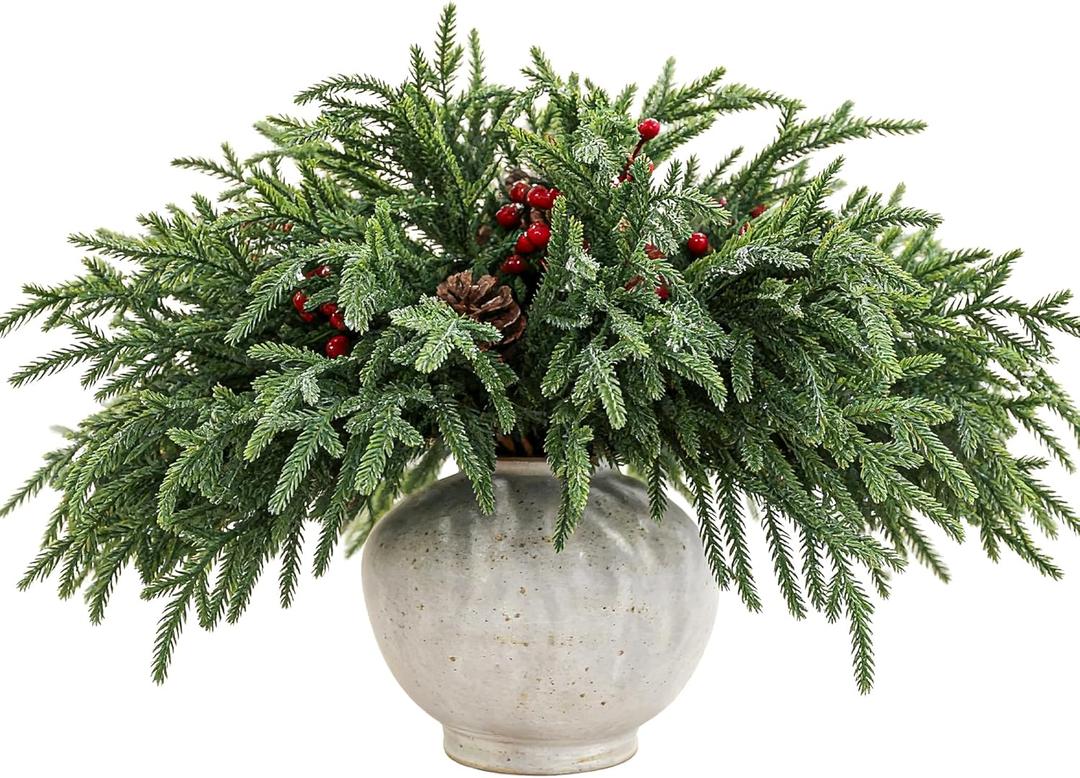 24 Pcs 18 Inch Real Touch Norfolk Pine Branches Christmas Greenery Stems with Pinecones & Red Berries for Christmas Decorations