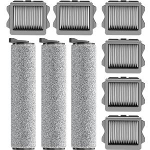 Vacuum Mop Replacement Parts Compatible with Tineco Roller Brush Replacement, Suitable with Ifloor 3 Series, Floor One S3 Series, Ifloor 5 Breeze Cleaner, Set Includes 3 Roller Brushes and 6 Filters
